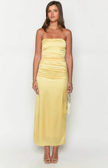 Yellow Satin Strapless Maxi Dress