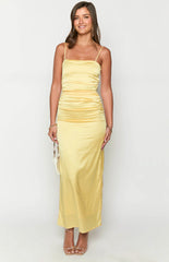 Yellow Satin Strapless Maxi Dress