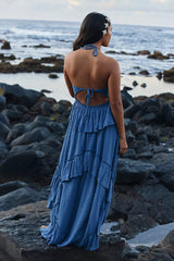 Navy Blue Frilled Halter Midi Dress