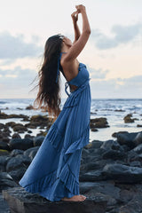 Navy Blue Frilled Halter Midi Dress