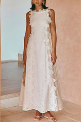 White Embroidery Crochet Flower Maxi Dress