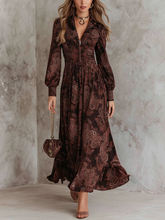 Brown Paisley Print Long Sleeves Midi Dress