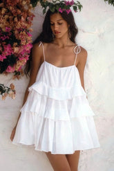 Boho Style Tie Shoulder Cotton Blend Ruffle Tiered Babydoll Mini Sundress