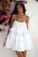 Boho Style Tie Shoulder Cotton Blend Ruffle Tiered Babydoll Mini Sundress