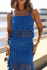 Circle Embroidery Tassle Tank Top and Midi Skirt Two-Piece Set