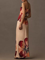 Fashionable Floral Bandeau Satin Midi Dress