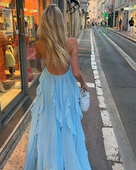 Elegant Blue Backless Maxi Dress