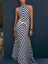 Black White Stripe Maxi Halter Dress