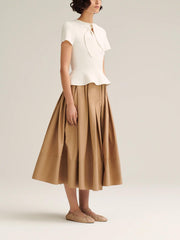Neck Tie Knit Top & Pleated Suiting Maxi Skirt