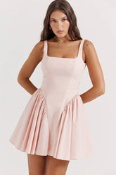 Cute Square Neck Bow Tie Backless Gathered Drop Waist Mini Sundress