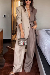 Color Block Boyfriend Blazer and Pocketed Wide Leg Pants Two-Piece Set