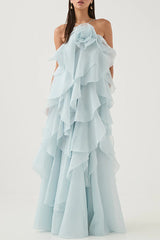 Rosette Detail Tiered Ruffles Maxi Dress