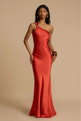 Orange Red Satin One Shoulder Maxi Dress