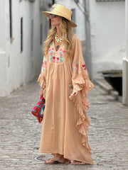 Boho Peach Floral Embroidered Maxi Dress