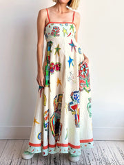 Cartoon Star Print Slip Maxi Dress