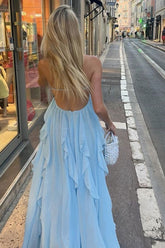 Elegant Blue Backless Maxi Dress