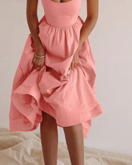 Chic Solid Pleated Waist Midi Dress