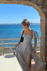 Blue Floral Puff Sleeves Midi Dress