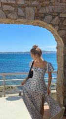 Blue Floral Puff Sleeves Midi Dress