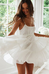 Flattering Tiered Ruffle Empire Waist Mini Summer Sundress - White