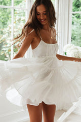 Flattering Tiered Ruffle Empire Waist Mini Summer Sundress - White