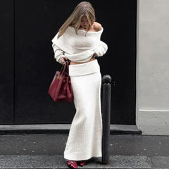 Off-Shoulder Knit Sweater And Long Skirt Set