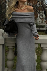 Off Shoulder Ribbed Knit Maxi Dress