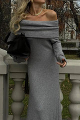 Off Shoulder Ribbed Knit Maxi Dress