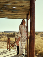 Grey Foliage Print High Slit Maxi Dress