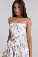 White Floral Pleated Waist Midi Dress