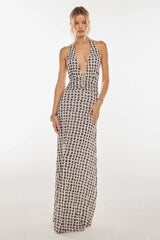 Polka Dot Plunging Halter Neck Maxi Dress
