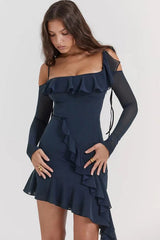 Sexy Ruffle Sash Cold Shoulder Mesh Sheer Club Mini Dress - Navy Blue