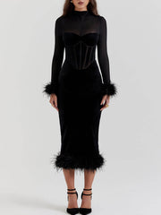 Black Velvet Bodycon Midi Dress