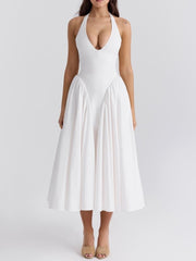 White V Neck Halter Midi Sundress