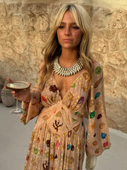 Petite Beige Shell Print Long Sleeves Maxi Dress