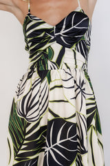 Green Tropical Leaves Print Midi Dress