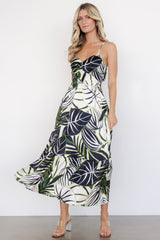 Green Tropical Leaves Print Midi Dress