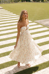 Dainty Yellow Floral Strapless Midi Dress