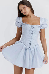 Romantic Lace Up Broderie Vest Puff Sleeve Mini Dress Matching Set