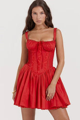 Romantic Sweetheart Bow Tie Drop Waist Lace Up Layered Mini Sundress