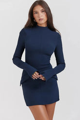 Trendy Mock Neck Bell Sleeve Pocket Trim Bodycon Mini Party Dress