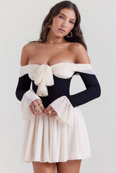 Vintage Off Shoulder Bow Tie Ruched Flowy Mini Party Dress - Black