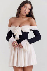 Vintage Off Shoulder Bow Tie Ruched Flowy Mini Party Dress - Black