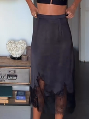 Black Long Sleeves Top and Satin Midi Skirt Two Piece Set