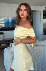 Yellow Satin Off the Shoulder Mini Dress