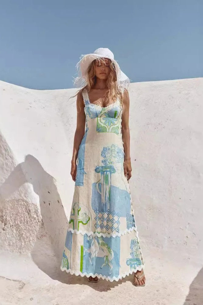 Blue Floral Linen Midi Dress