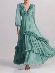 Green Ruffled Trim Long Sleeves Maxi Dress