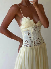 Creamy Yellow Lace Paneled Chiffon Maxi Dress