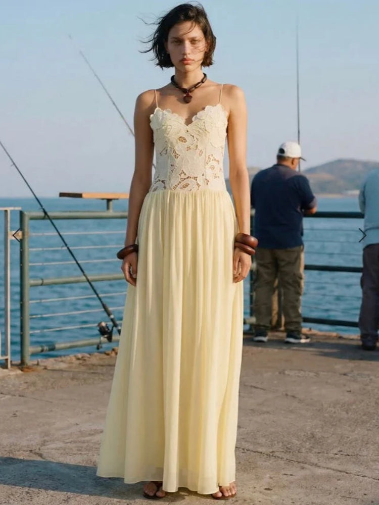Creamy Yellow Lace Paneled Chiffon Maxi Dress