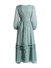 Green Ruffled Trim Long Sleeves Maxi Dress